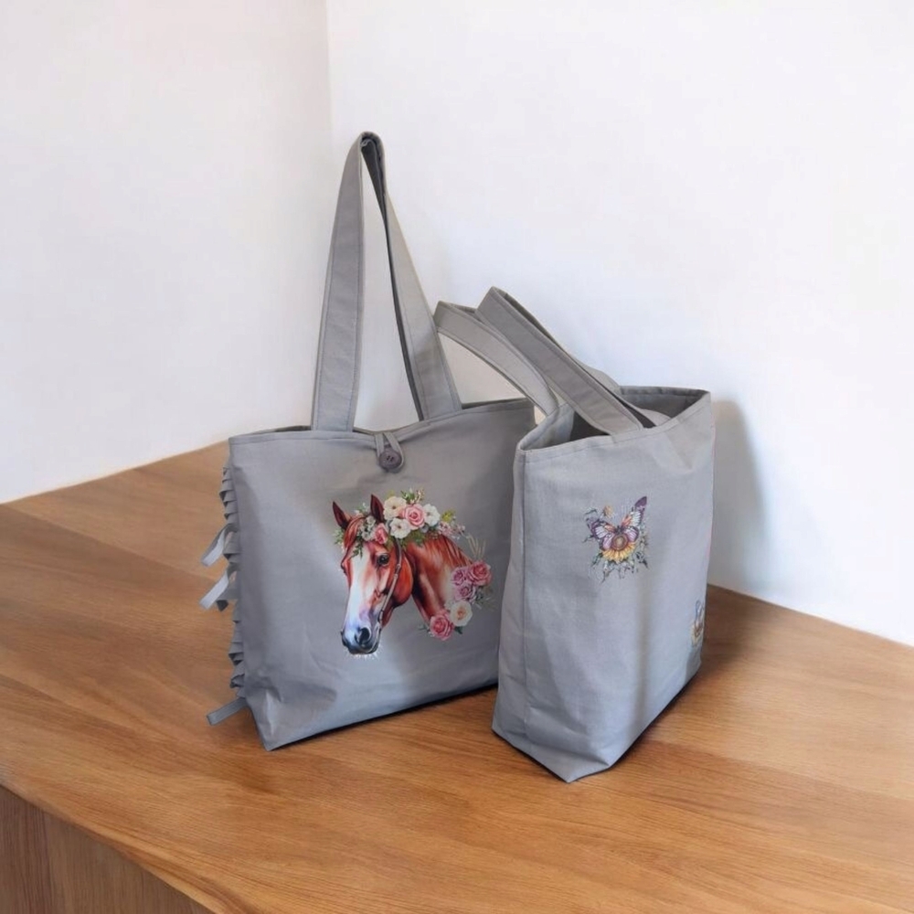 Spacious Gray Canvas Tote Bag with Artistic Design